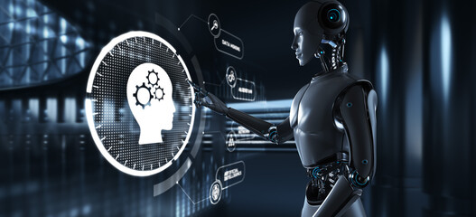 Machine learning artificial intelligence AI concept. Robot pressing button on screen 3d render.