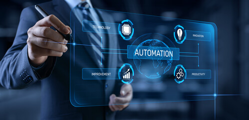 Automation Innovation technology concept. Businessman pressing button on screen.