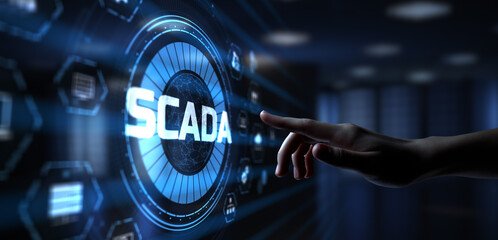 SCADA system Supervisory Control And Data Acquisition technology concept. Hand pressing button.