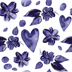 Seamless pattern with violet flowers. Abstract hand-drawn watercolor pattern.