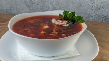 Ukrainian traditional dish borsch. Homemade Russian Beet Borscht Soup.