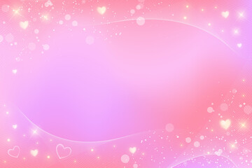Cute cartoon girly background. Pink frame with bokeh and hearts for Valentine day decoration. Fantasy background. Illustration in pastel colors. Vector.