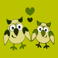 two owls in love with hearts. Cartoon birds. Pastiche. Children drawing