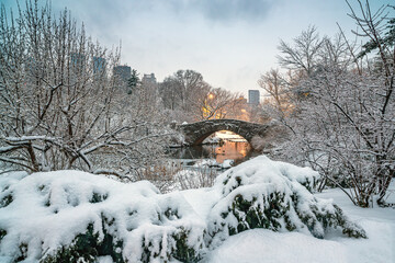 Gapstow Bridge in Central Park after blizzard