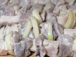Raw meat on skewers, pieces of marinated pork. Barbecue cooking.