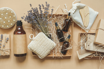 Flat lay care box composition.Eco friendly beauty cosmetics set for relaxation,mental health.Natural cosmetics.Gift box,wellness
