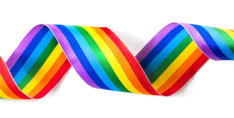 Colorful rainbow ribbon border design. LGBT colourful corner design, isolated on white background. Gay pride design. Curly, waving ribbon or banner with flag of LGBTQ pride border