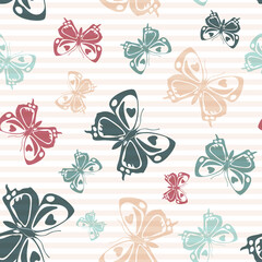 Fototapeta premium Flying butterfly silhouettes over striped background vector seamless pattern.