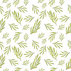 Narrow green decorative tree branches with willow leaves on a white background. Seamless square pattern. Watercolor