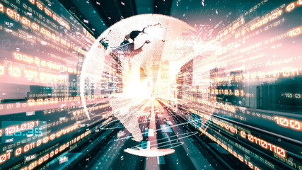 Futuristic global network and tacit digital data transfer 3D graphic . Concept of smart digital transformation and technology disruption that changes global trends in new information era .
