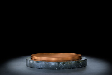 Black marble stand with golden details for product presentation. 3d render