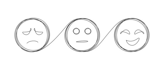 Three linear faces with emotions: smiling, neutral and angry in one continuous drawing. Concept of negative or positive feedback, satisfaction survey, mental health. Vector illustration