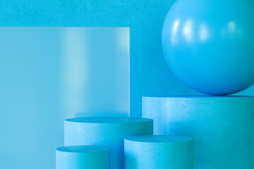 3d illustration. Blue scene of three podiums for product presentation