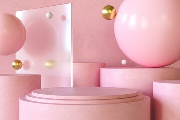 Naklejka na ściany i meble 3d illustration. Podium with minimal abstract geometric background on pink.