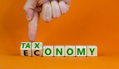 Taxonomy or economy symbol. Businessman turns cubes, changes the word economy to taxonomy. Beautiful orange table, orange background, copy space. Business, ecology and taxonomy or economy concept.