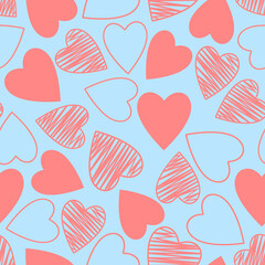 Beautiful; vector; seamless pattern of pink hearts on a blue background. Vector print for decoration of festive materials for the holiday of St. Valentine.
