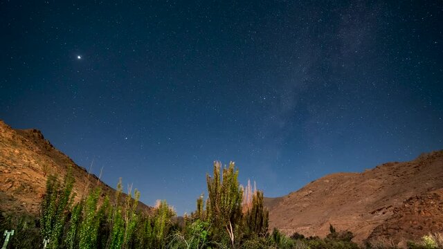 Static time lapse shot of the sky in a barren desert with plants. Starry sky with the milky way moving in Iran, Kashan.