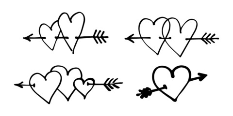 Hand drawn hearts pierced with arrow. Symbol of love. Doodle style Valentine's day illustration. Vector illustration.
