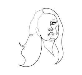 Elegance Woman face one continuous line drawing. Minimalistic abstract female portrait in simple linear style for print t-shirt, slogan design, fashion posters, postcards. Doodle Vector illustration