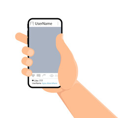 Male hand holding smartphone. Social media design concept. Vector illustration.