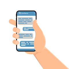 Male hand holding smartphone with message chart on screen. Vector illustration.