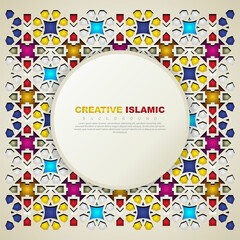 Islamic greeting card banner background with ornamental colorful detail of floral mosaic islamic art ornament