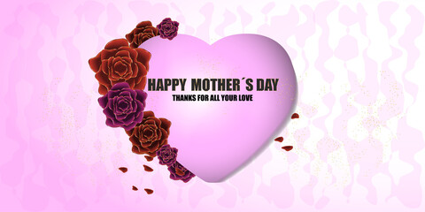 pink heart with mother's day text decoration red and pink flowers around the heart. white background with pink abstract patterns