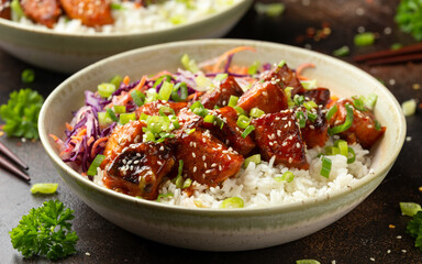 Vegan fried tempeh with rice and vegetables. Asian healthy food