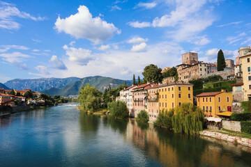 Fototapeta na wymiar View along the Brenta River in Bassano del Grappa, Italy.