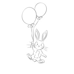 Cute Easter Bunny Flying on Balloons in Doodle Style