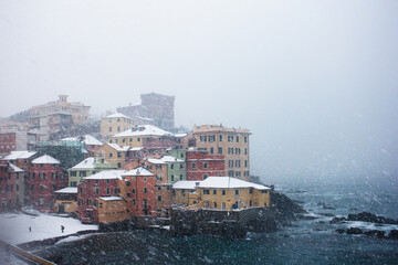 Little italian town boccadasse under the snow - obrazy, fototapety, plakaty