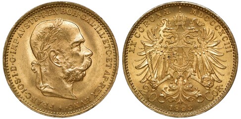 Austria Austrian golden coin 20 twenty corona 1893, laureate head of Emperor Franz Joseph right,...