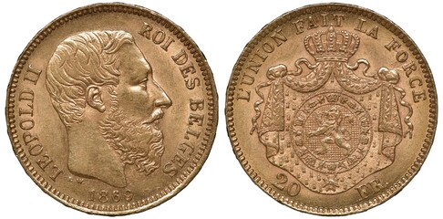 Belgium Belgian golden coin 20 twenty francs 1869, head of King Leopold II right, coat of arms, lion surrounded by chain in front of crowned mantle,