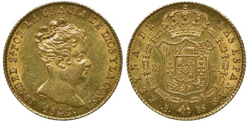 Spain Spanish golden coin 80 eighty reales 1846, head of Queen Isabel II right, coat of arms, shield with designs dividing denomination all surrounded by chain with big crown above, - obrazy, fototapety, plakaty