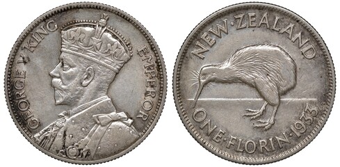 New Zealand silver coin 1 one florin 1933, bust of King George V left, kiwi bird,  - obrazy, fototapety, plakaty
