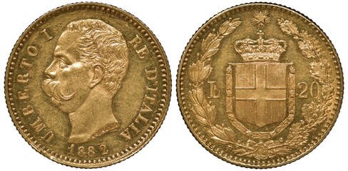 Italy Italian golden coin 20 twenty lire 1882, head of King Umberto I left, coat of arms, crowned Savoy shield surrounded by chain divides denomination all within wreath, - obrazy, fototapety, plakaty