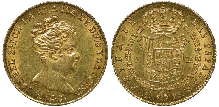 Spain Spanish golden coin 80 eighty reales 1846, head of Queen Isabel II right, coat of arms, shield with designs dividing denomination all surrounded by chain with big crown above,