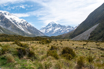 Fototapeta na wymiar Snow capped rocky mountains over brown field in New Zealand