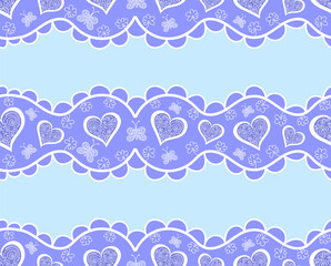 Decorative vector seamless pattern with hand dawn valentine figured hearts, blue colors