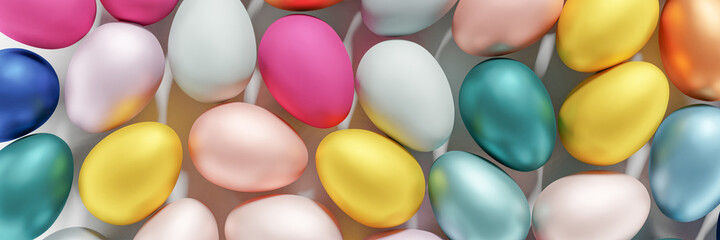 3d render of pastel colored Easter eggs pattern flat lay background banner