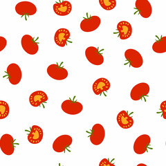 Seamless pattern with red ripe whole and sliced tomatoes in cartoon hand drawn flat style on white background for textile, web design