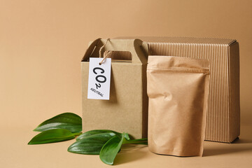 Eco friendly packaging marked co2 neutral, paper recycling, zero waste, natural products concept.