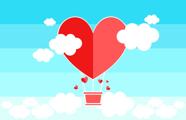 Red balloon hearts on blue gradient background with clouds .and your copy space. Concept of love for Valentine's Day.