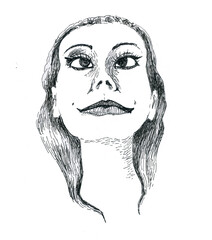 Satisfied woman. Happy girl. Ink drawing.