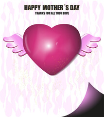 pink winged heart with pink wings and text happy mother's day. background page folded in white corner with pink abstract motifs