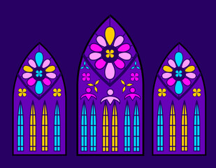 Church windows. Mosaic cathedral artwork view, vector. Gothic interior decoration.. 