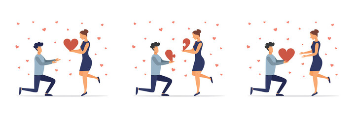 Valentine's day concept. A loving couple celebrates Valentine's Day together on February 14. People hold hands and give each other hearts. Set of vector illustrations.