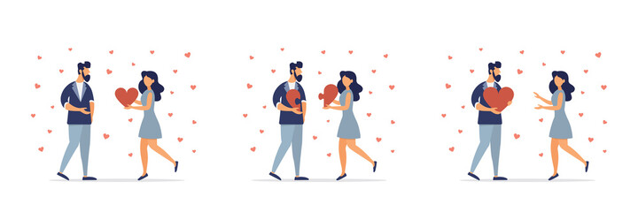 Fototapeta na wymiar Valentine's day concept. A loving couple celebrates Valentine's Day together on February 14. People hold hands and give each other hearts. Set of vector illustrations.