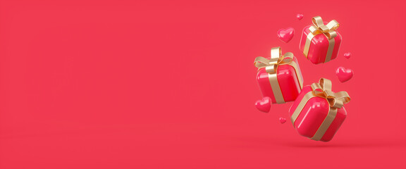 Gift boxes with hearts composition. Valentine's Day banner. 3d rendering illustration.