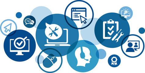 IT support vector illustration. Blue concept with icons related to IT helpdesk, hotline or helpline, remote or online tech support, technical assistance, specialist software support & service. - obrazy, fototapety, plakaty